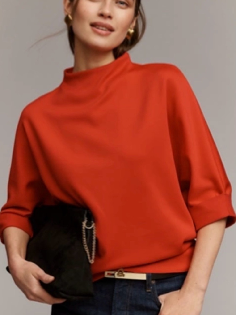 Anthropologie Red Mock-Neck Satin Top